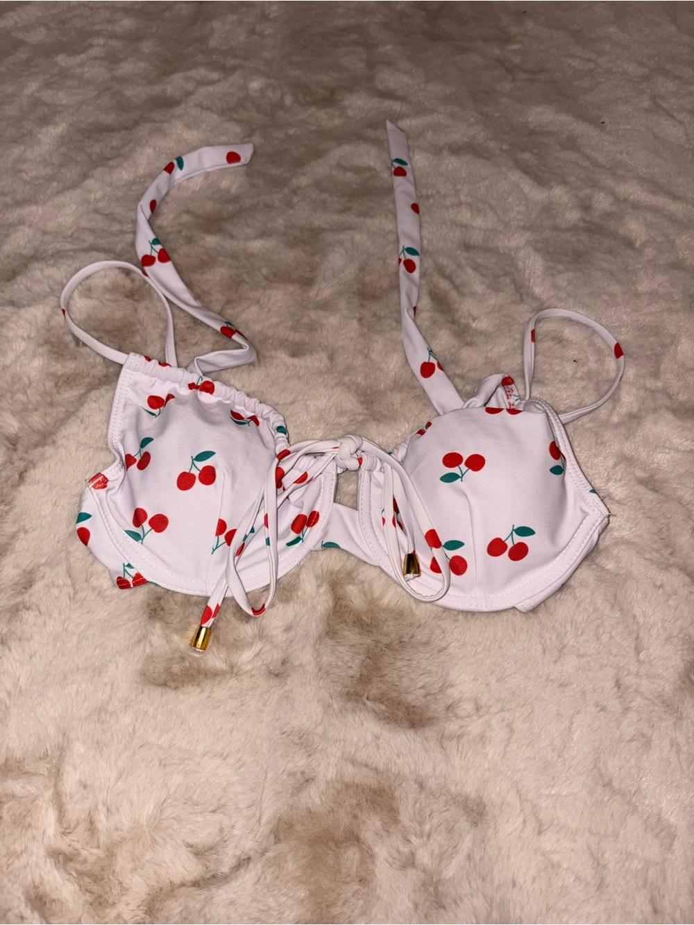 SHEIN White Cherry Print Bikini Top